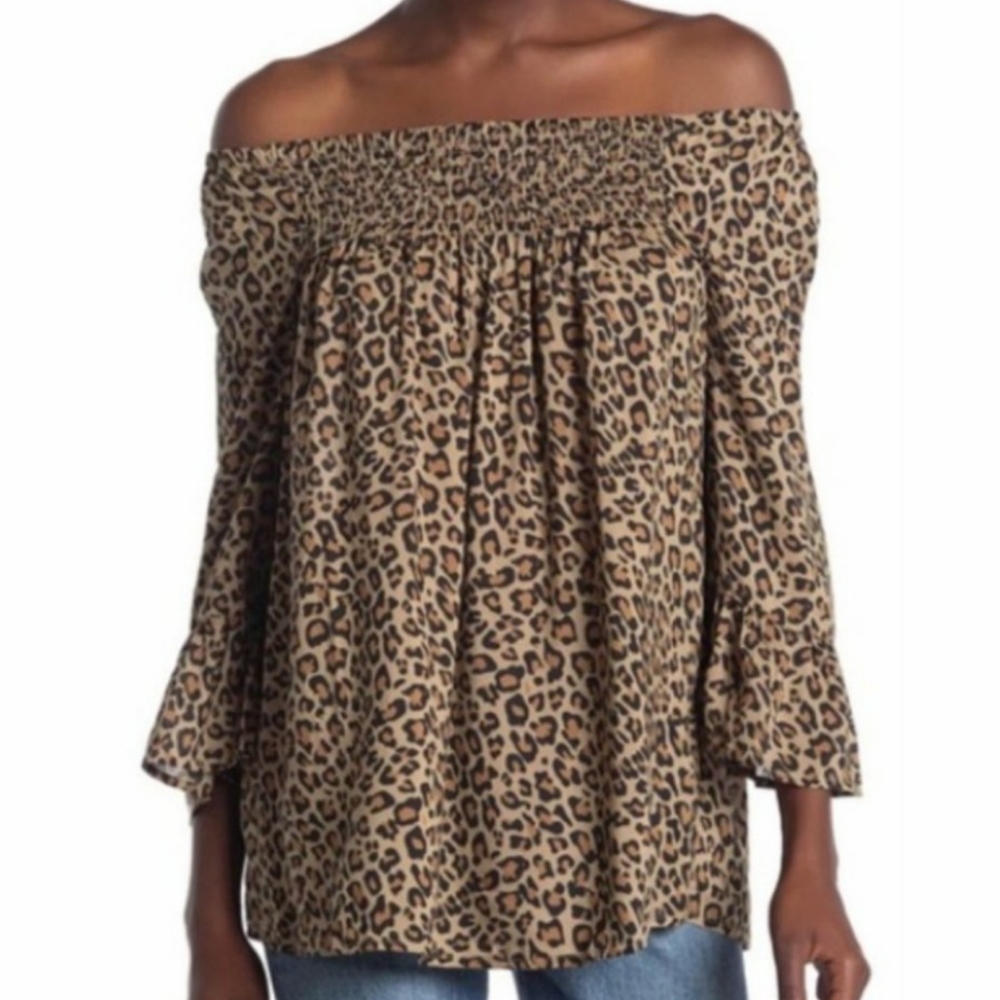 BeachLunchLounge Leopard Off The Shoulder Bell Sleeve Blouse Top